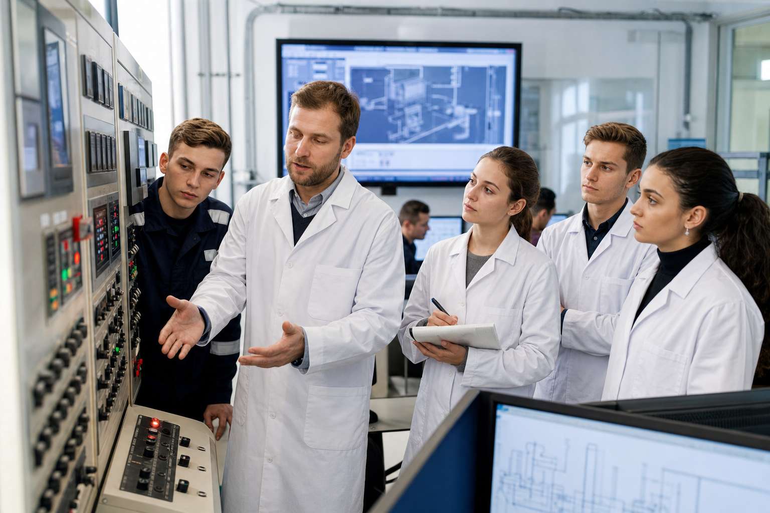 Študenti technických odborov a lektor pri výučbovom paneli v energetickom laboratóriu